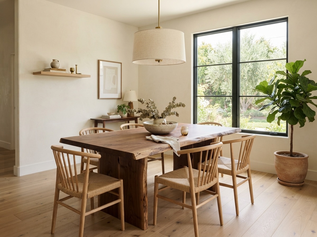 Dining room with a live-edge walnut table and mismatched chairs