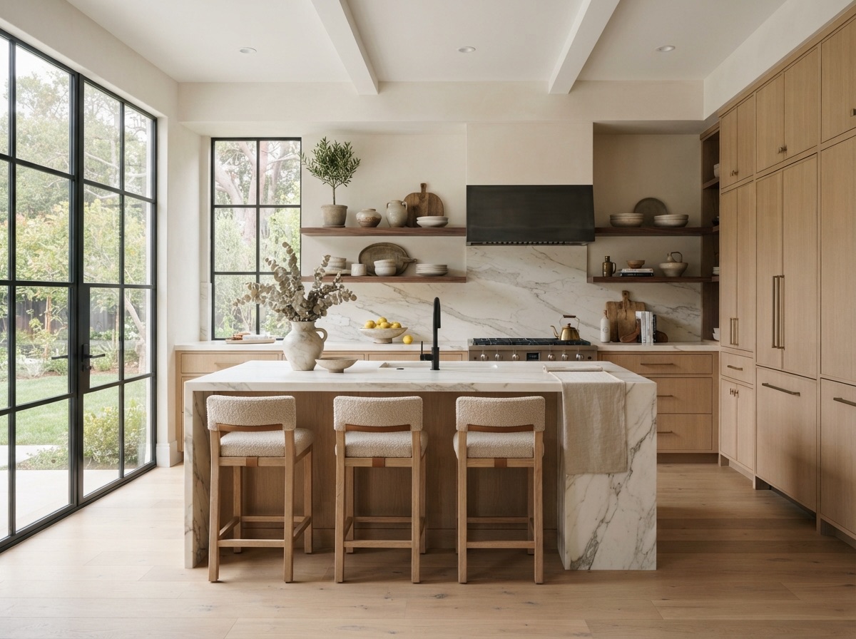 Sunlit white oak kitchen with a honed marble island