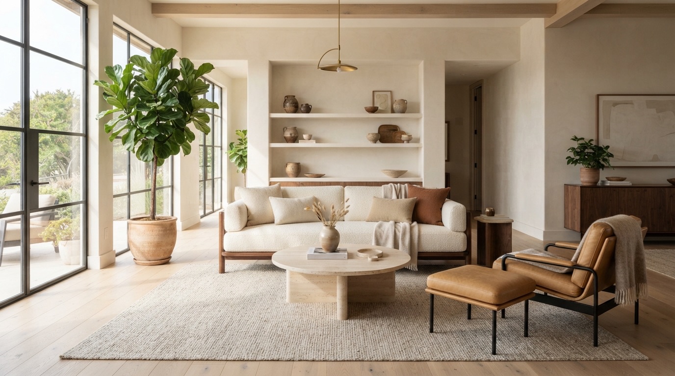 Bright, airy living room with a low bouclé sofa and a single travertine table
