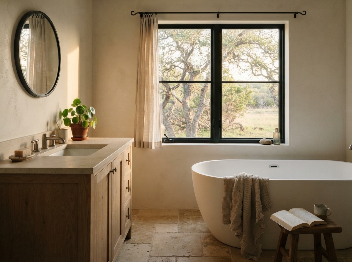 Freestanding tub against a limestone wall beneath a tall window