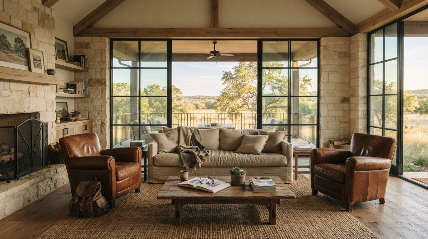 Hill Country great room with limestone, white oak beams, and steel doors to the porch