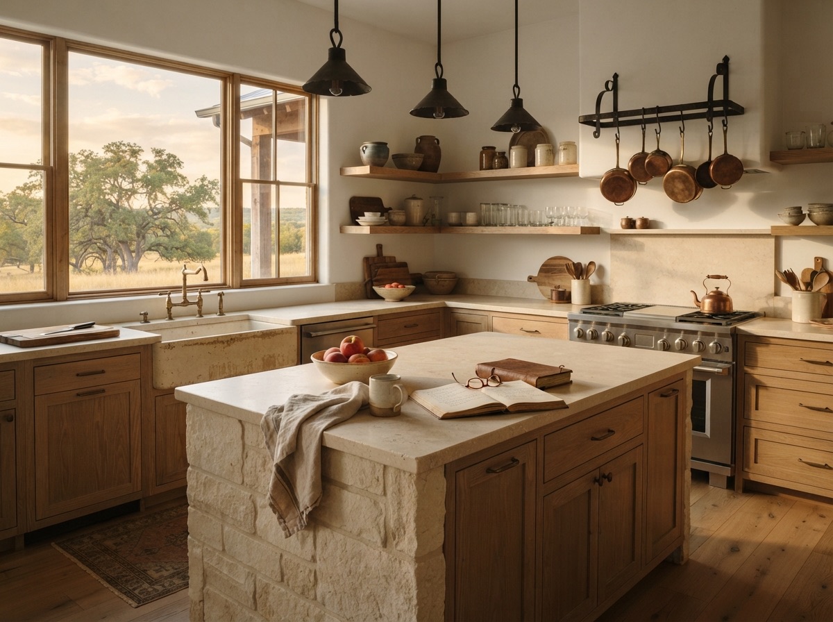 Farmhouse kitchen with white oak cabinets, an apron sink, and a limestone island