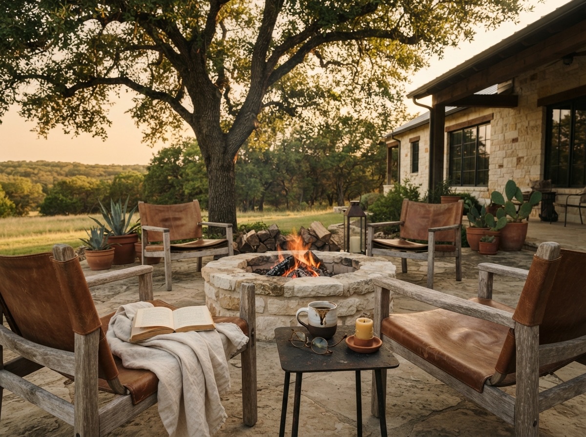 Outdoor living area with a limestone fire pit and weathered leather chairs under a live oak