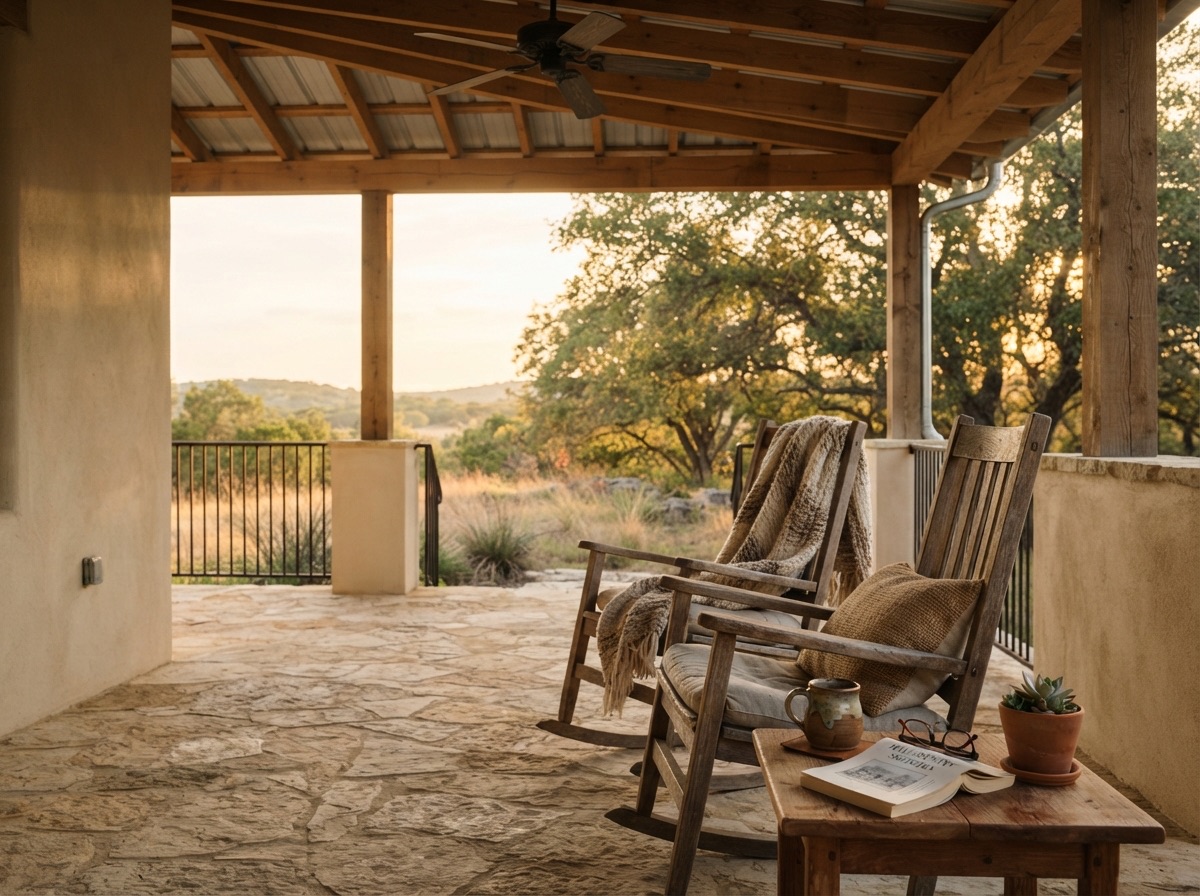 Covered porch with limestone floor, rocking chairs, and a live oak beyond