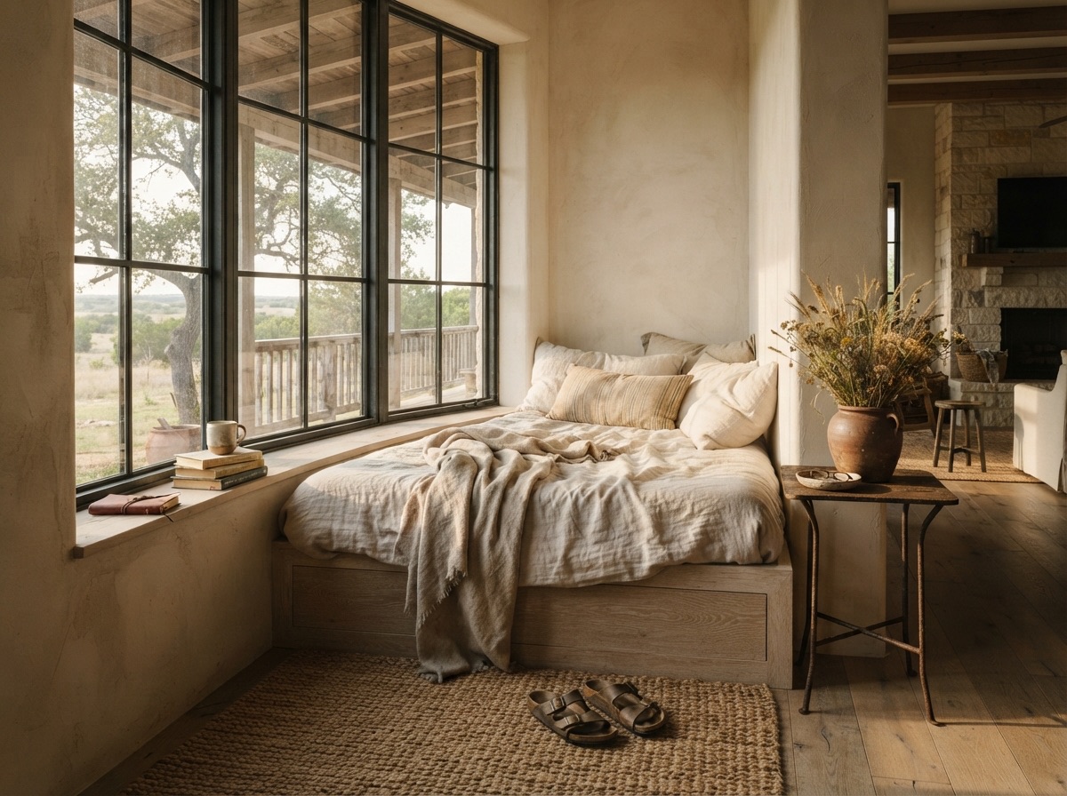 Sunroom reading corner with a linen daybed and a wall of afternoon light